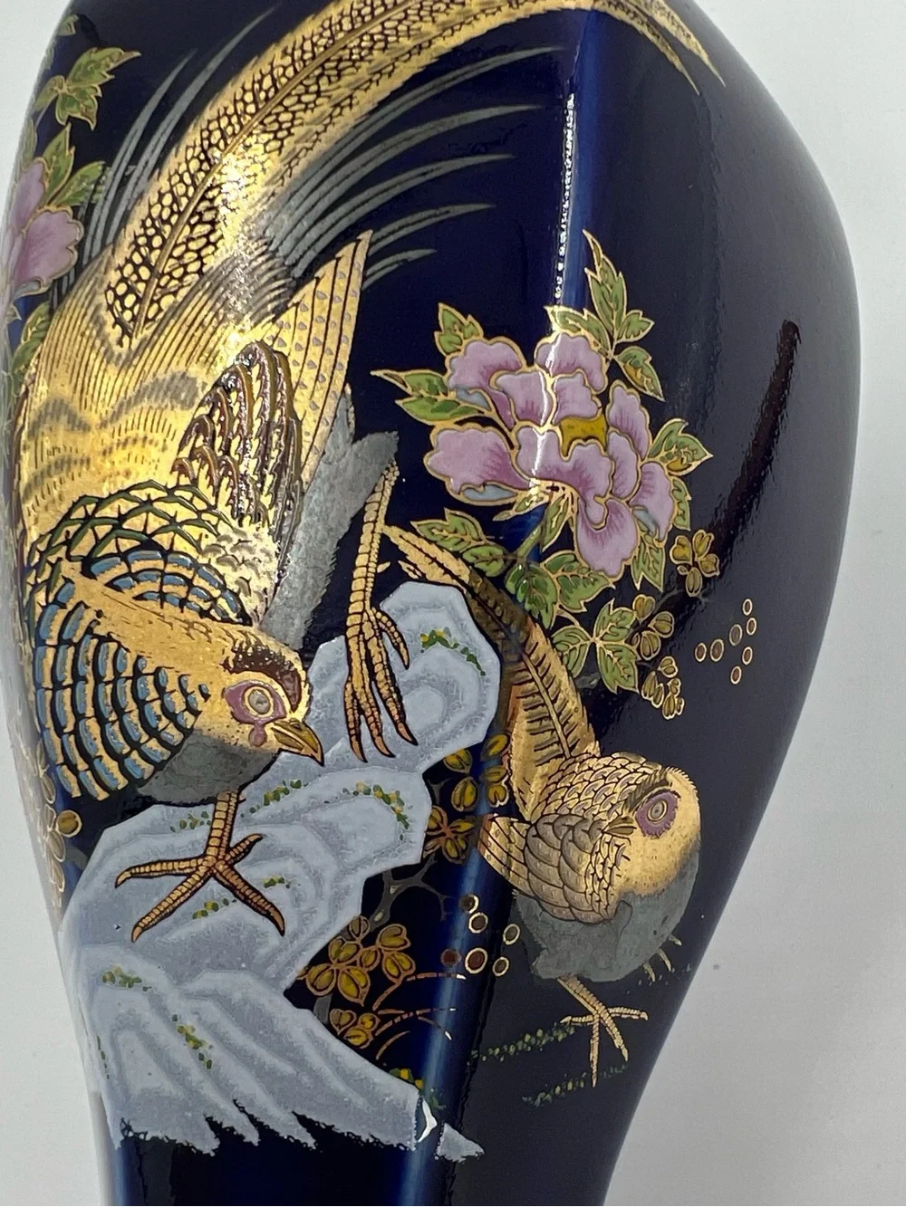 Vintage Japanese Blue Cobalt Porcelain Floral Gold Pheasant Vase 8” Tall